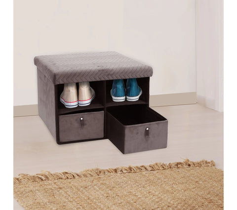 Banc De Rangement Pliable 2 tiroirs En Velours Gris