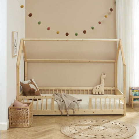 Lit Cabane Avec Barrières TINY Sommier Inclus Beige 90x190