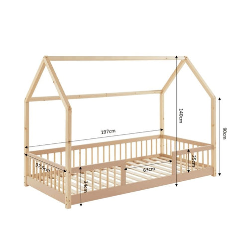 Lit Cabane Avec Barrières TINY Sommier Inclus Rose 90x190