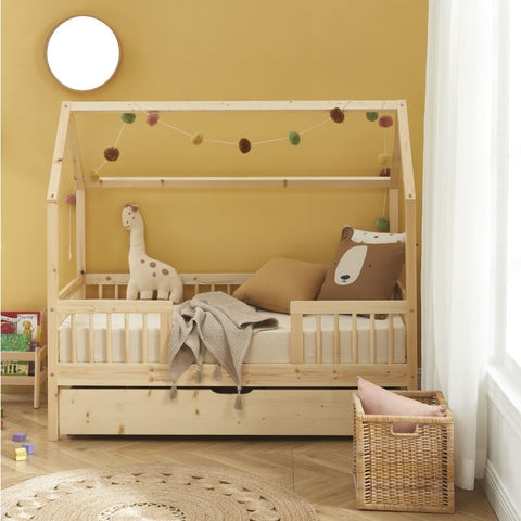 Lit Cabane Avec Barrières TINY Sommier + Tiroir Inclus Beige 70x140