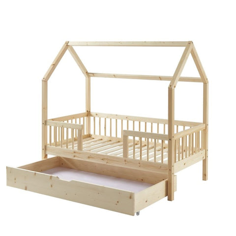 Lit Cabane Avec Barrières TINY Sommier + Tiroir Inclus Beige 70x140