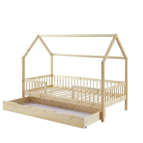 Lit Cabane Avec Barrières TINY Sommier + Tiroir Inclus Beige 90x190