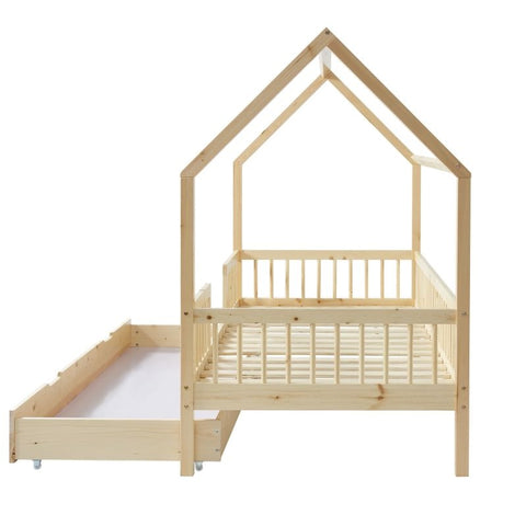 Lit Cabane Avec Barrières TINY Sommier + Tiroir Inclus Beige 90x190