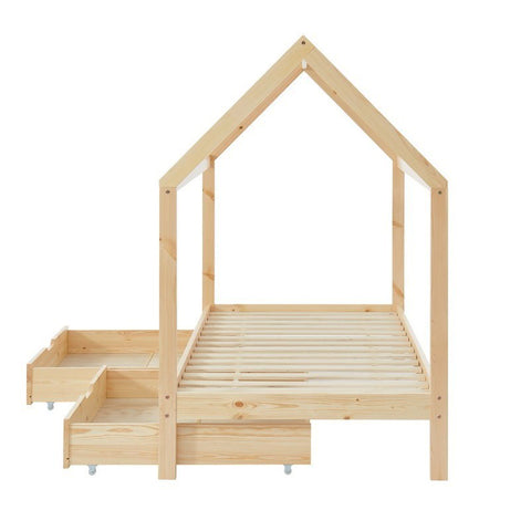 Lit Cabane Avec Tiroirs TINY Sommier Inclus Naturel 90x190