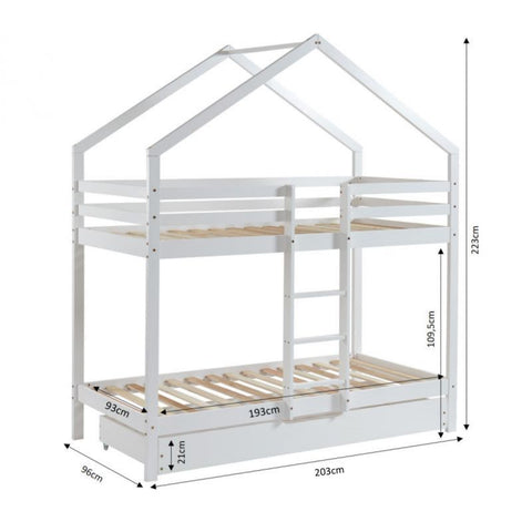 Lit Cabane Superposé Avec Tiroir TINY Sommier Inclus Blanc 90x190