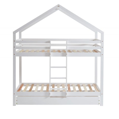 Lit Cabane Superposé Avec Tiroir TINY Sommier Inclus Blanc 90x190