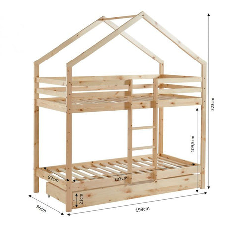 Lit Cabane Superposé Avec Tiroir TINY Sommier Inclus Naturel 90x190