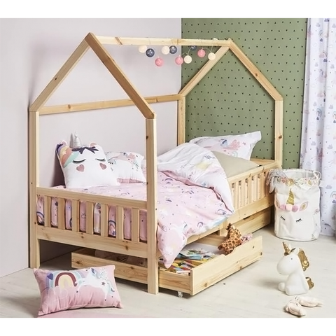 Lit cabane Bosco Pour Enfant 2 tiroirs 90x190 Naturel