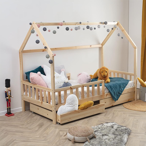 Lit cabane Bosco Pour Enfant 2 tiroirs 90x190 Naturel