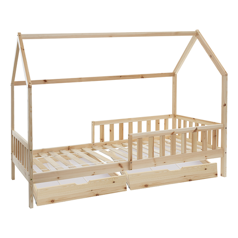 Lit cabane Bosco Pour Enfant 2 tiroirs 90x190 Naturel