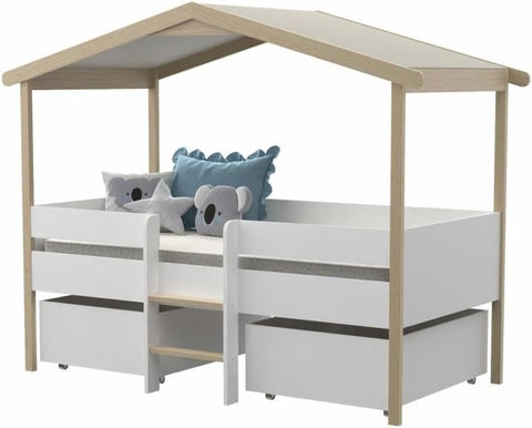 Lit cabane enfant PILOTI 90x190 sommier + 2 tiroirs Blanc