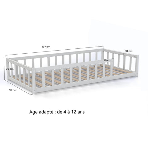 Lit enfant barrière Nino 90x190 avec sommier inclus Blanc