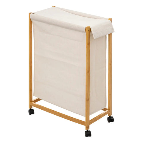 Panier À Linge Roulant 52 L En Bambou Beige