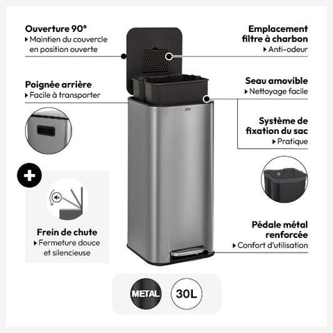 Poubelle à pédale carrée Delta 30L Inox