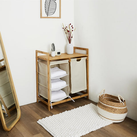 Rangement Étagère Et Panier En Bambou Et Tissu Beige