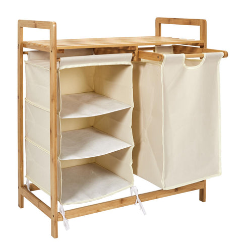 Rangement Étagère Et Panier En Bambou Et Tissu Beige