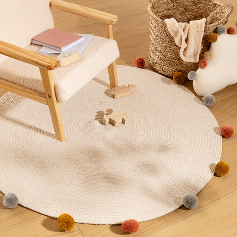 Tapis Enfant Arlequin Pompons D90 Beige